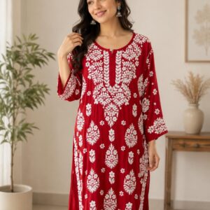 Vibrant Red Lucknowi Kurti