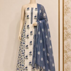 White and Blue Unstitched Dress Material