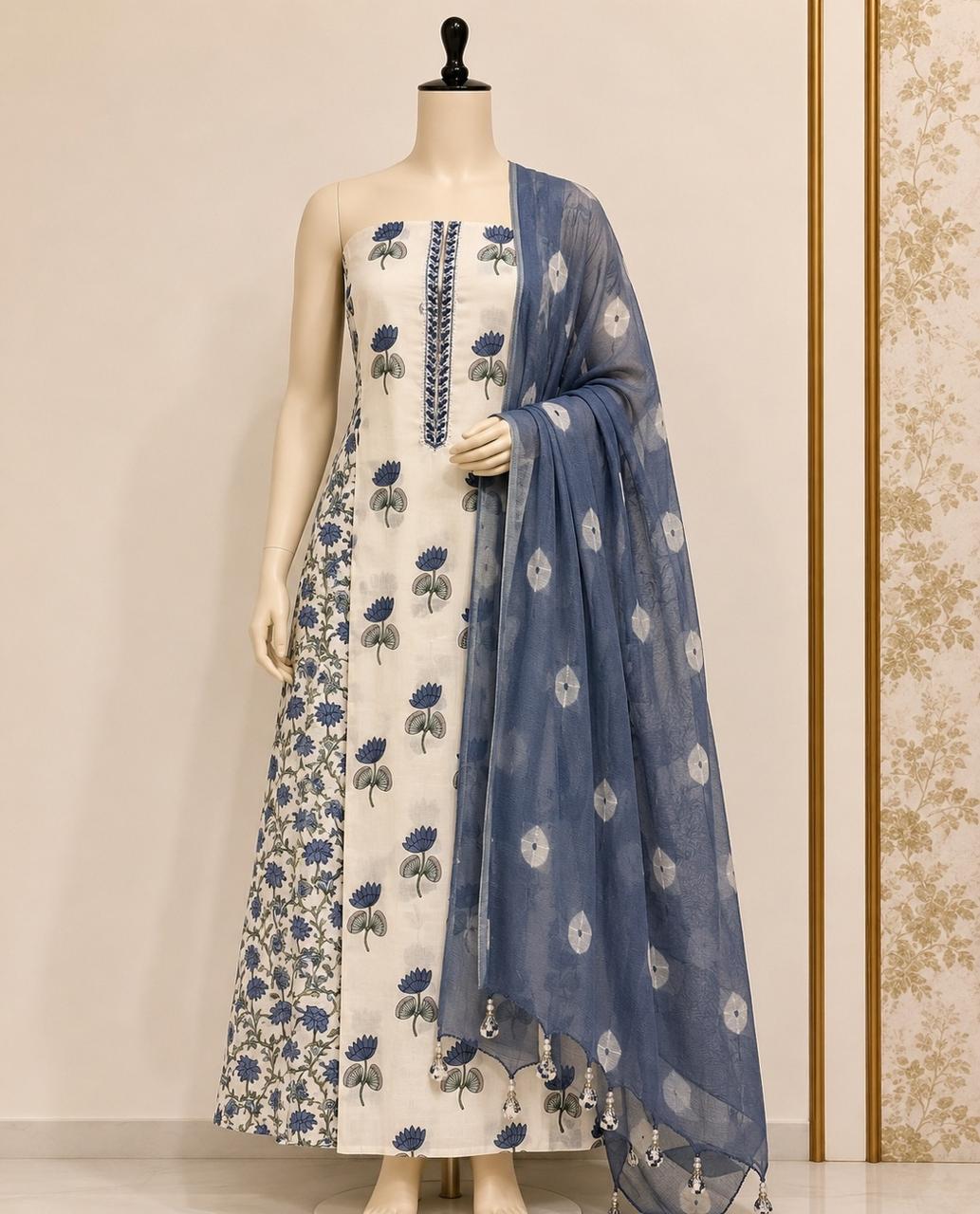 White and Blue Unstitched Dress Material