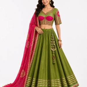 Festive Olive Green Chaniya Choli with Rani Pink Dupatta