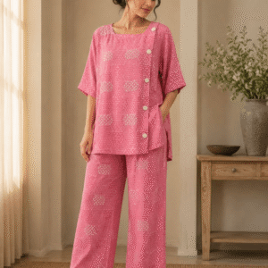 Rosé Charm Printed Co-Ord Set with Relaxed Fit Top & Wide-Leg Pants