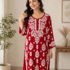 Elegant Lucknowi Kurti in Blood Red Floral Design