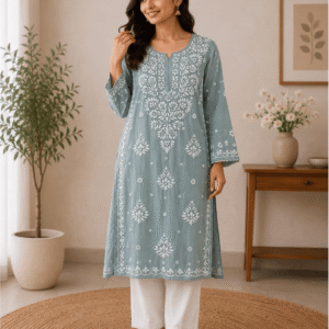Pastel Blue Lucknowi Floral Kurti