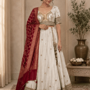 Ivory Royale Embroidered Lehenga Set with Banarasi Red Dupatta
