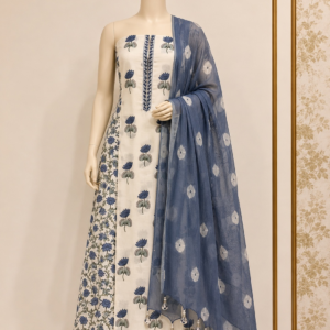 Premium White Printed Dress Material for Women with Blue Dupatta